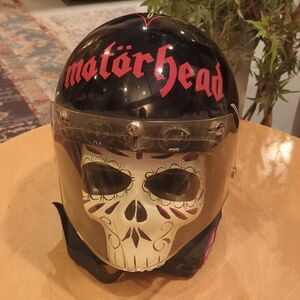 Old school vintage open face with shield hand-painted Motorhead pinstripe helmet